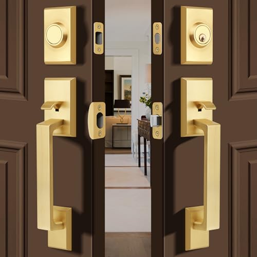 Gaurqiah Double Front Door Lock Set, Square Heavy Duty Double Door Handle with Dummy, Entry Handleset with Deadbolt Combo, Double Door Lock Set for Front or Office Doors, Satin Brass