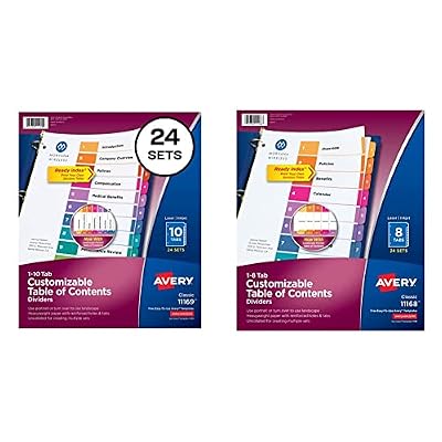 Avery 10-Tab Dividers for 3 Ring Binders, Customizable Table of Contents, Multicolor Tabs, 24 Sets (11169) & 8-Tab Dividers for 3 Ring Binders, Customizable Table of Contents, Multicolor Tabs