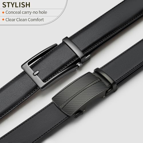 VANNANBA 2 Pack Ratchet Leather Belt for Men - Sliding Belt in Gift Set Box for Mens Dress Casual 1 3/8" - Trim to Fit with Automatic Buckle Alloy(9+14,42"-45" Waist Adjustable) — view 2