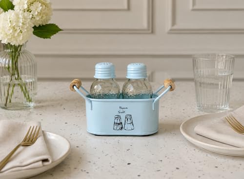 Image of JISCOVERY Salt and Pepper Dispenser Set for Dinning Table with Stand| Glass Bottom Spice Shaker Set with Metal Holder| Spice Sprinklers| 100 ML Each (Blue)