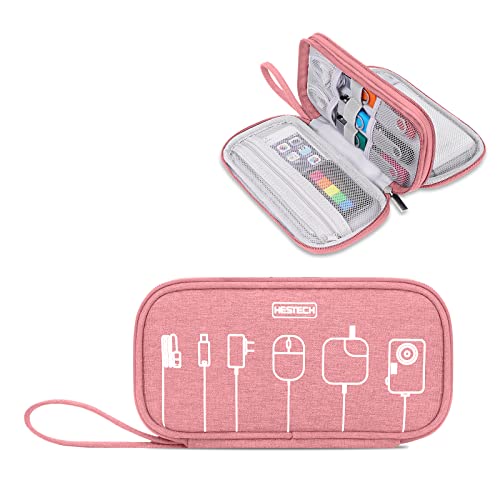 HESTECH Electronics Organizer Travel Tech Cord Charger Cable Organizer Case Portable Carry Handle Double Layers All-in-One Pouch for iPhone Power Bank Hard Drive,Zipper Wallet,Salmon