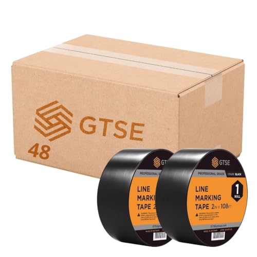 Image of GTSE 2 inch x 108 ft Black PVC Vinyl Floor Tape, 48 Rolls, Safety Marking Tape, 6 mil Thick, Suitable for Dance Floors, Gyms, Warehouses, Sports Facilities