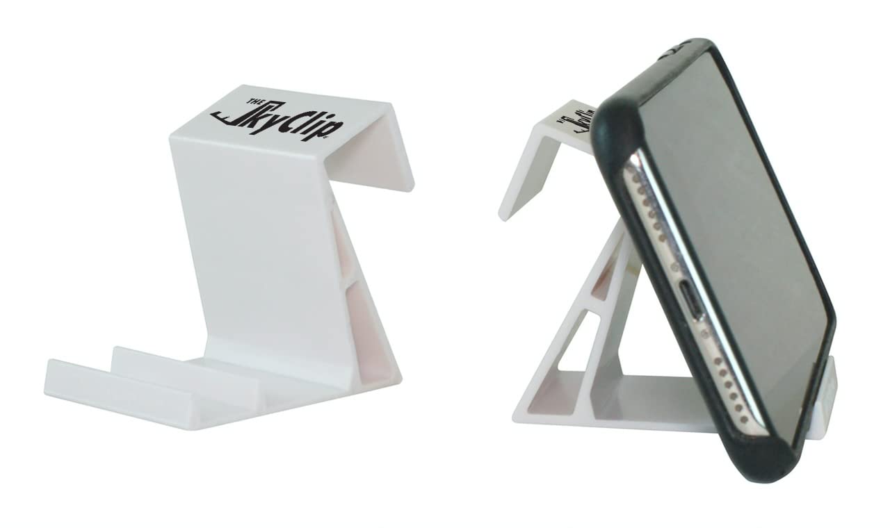 The SkyClip Bandeja para teléfono celular de avión para parte trasera del asiento, clip de mesa y soporte resistente para teléfono, compatible con iPhone, Android, tabletas y lectores, artículo