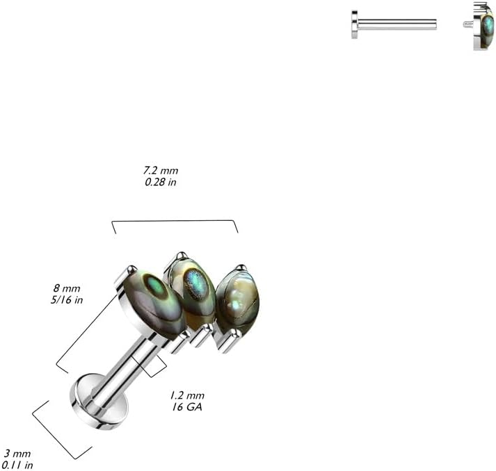 Pierced Owl 16GA ASTM F-136 Implant Grade Titanium Internally Threaded Triple Marquise Natural Stone Flat Back Stud