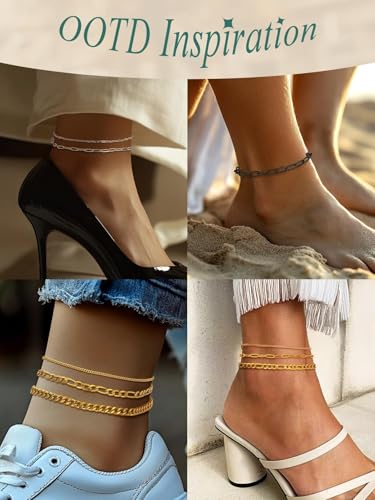 Image of FaithHeart Waterproof Ankle Bracelets for Women, 1 /2 /3Pcs Non Tarnish Stainless Steel Layered Anklet Set Paperclip Figaro Cuban Link Chain Dainty Summer Beach Jewelry Gift Adjustable Size