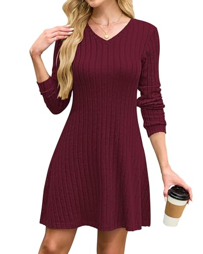 AUSELILY Strickkleid Damen Herbst V Ausschnitt Herbstkleid Elegant Pulloverkleid Langarm Casual Kleid Winter Weinrot M