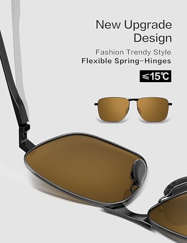 LUENX Mens Rectangular Aviator Polarized Sunglasses Women Square Retro Black Frame Brown Lens 59mm