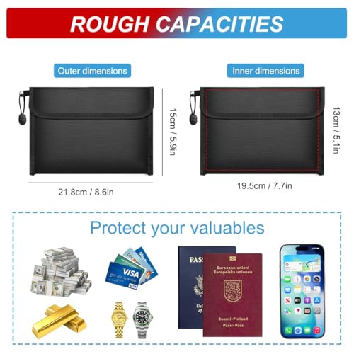 2er Pack Feuerfeste Dokumententasche (21,8 x 15cm, 6400℉), Wasserabweisend Feuerfeste Geldtasche, Feuerfeste Aufbewahrungstasche für Dokumente, Geld, Passport, Bankdatei und Bargeld
