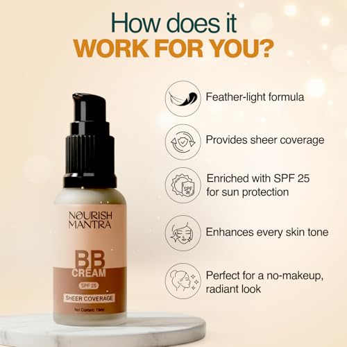 Image of Nourish Mantra BB Cream with SPF 25 | Best For No-Makeup-Makeup Look | Enriched with Niacinamide & Aloe Vera | Suits Medium to Dark Skin Tones | For Women | Shade - Bronze | 15 ml (Bronze)