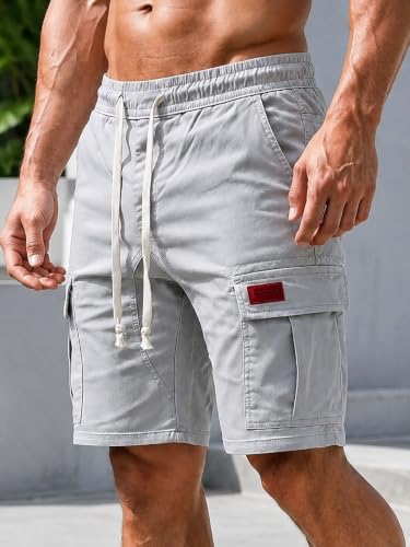 Bermuda cargo masculina com cordão elástico na cintura para treino e academia com bolsos, Cinza, M