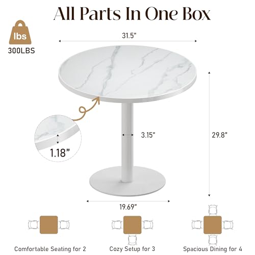 Image of 63 inch Tulip Table, Small Round Dining Table with 1.2 inch Thick Sintered Stone Tabletop and Golden Metal Pedestal Base, Bistro Table for Diner, Bar, Restaurant, kitchen, Bakery,Apartment (Marble Pure White)