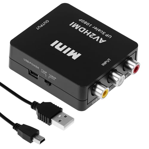 QWORK® Convertidor RCA a HDMI, conmutación 1080P/720P – Adaptador AV a HDMI para PS2, Xbox, VHS, VCR y Reproductor DVD – Convertidor de RCA a HDMI con Cable de alimentación USB