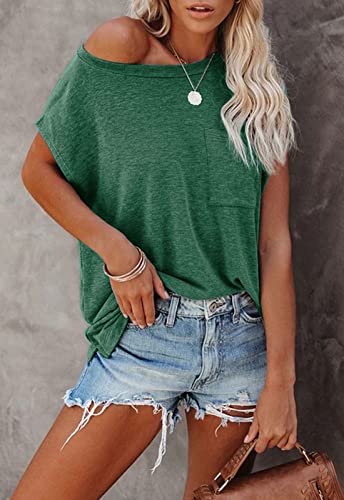 Mirol Women's Short Sleeve Tunic Tops Basic Loose T Shirts Solid Color Batwing Sleeve Casual Tee Dark Green #TOP1