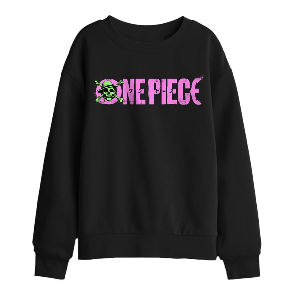 One Piece Luffy Jolly Roger Bright Logo Kids Sweatshirt, Black, 9-11Y