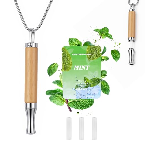 Meetory Breathing Necklace with Resistance - Breathing Necklace for Anxiety Relief with Mint Flavoured Filter Breathe Free Pendant Necklaces Breathable Resistance, Silver
