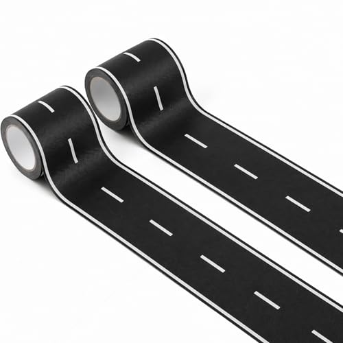 2 Pack 32.8 Feet Road Tape Roll, Black Toy Car Roadway Race Track Tape for Floors Tables Walls, Peel and Stick Racing Track Tape for Playrooms Classrooms Smooth Surface Decor