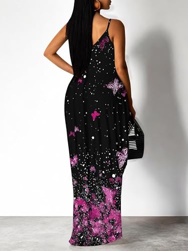 Image of Women's Summer Maxi Dress Spaghetti Strap Floral Boho Beach Long Sundress with Pockets