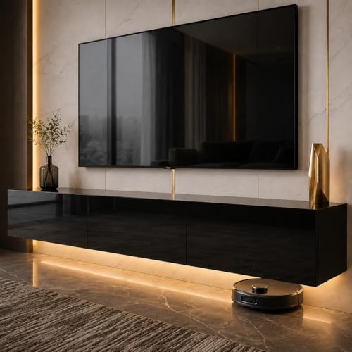 DMAITH Floating TV Stand with LED Lights Wall Mounted Entertainment Center with 3 Drawers High Gloss Modern Media Console for TVs up to 75 Inch Dual Installation for Living Room Black