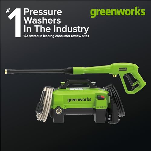 Image of Greenworks 1700 PSI (1.2 GPM) Electric Pressure Washer (25, 40 Nozzles) Ideal for Cleaning Cars, Trucks, Boats, Outdoor Patio Furniture, Decks, and Windows