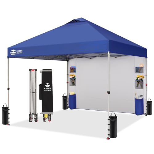 CROWN SHADES Canopy Tent, 10 x 10 Foot Portable Pop Up Outdoor Shelter with Pocket Sidewall, Push Center Lock, UV Protection, and Carry Bag, Navy Blue