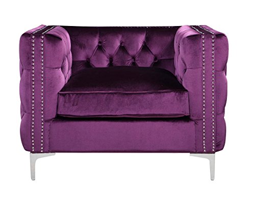 Iconic Home Da Vinci Modern Contemporary Button Tufted With Silver Nailhead Trim Silvertone Metal Y-Leg Club Chair, Purple Velvet #TOP1