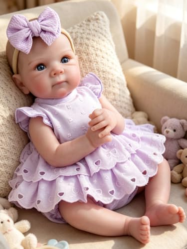 EKOKIZ Reborn Baby Doll Clothes 2-Piece Set - Purple Lace Dress with Bow Headband, Ruffled Bubble Sleeve Onesie for 17-20 Inch Dolls, Realistic Newborn Girl Outfit for Pretend Play & Photography — view 2
