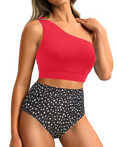 Image of Holipick Women One Shoulder High Waisted Bikini Sets Two Piece Swimsuit Tummy Control Bathing Suit Full Coverage Swimwear