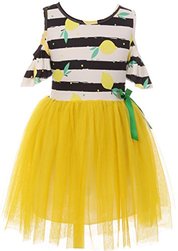 Little Girl Toddler Cold Shoulder Lemon Stripes Tulle Casual Party Dress 2t-8