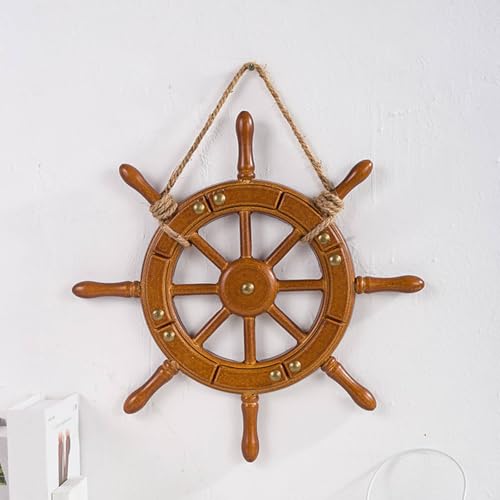 Roue de bateau décorative en bois marron style rétro méditerranéen - 5