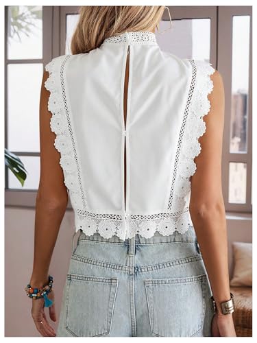 Floerns Women's Floral Embroidery Lace Trim Blouse Mock Neck Sleeveless Holiday Crop Tops2