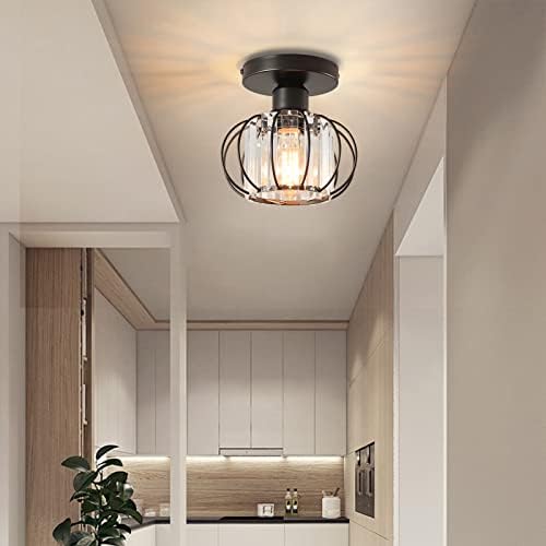 ENCOFT Modern Crystal Ceiling Light Black Vintage Mini Semi Flush Mount Ceiling Lighting Chandeliers E27 for Kitchen Hallway Dining Rooms Living Room(M)