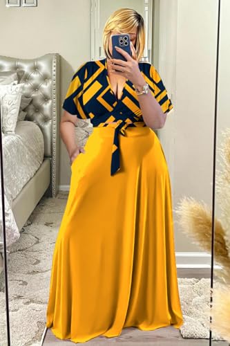 Image of Plus Size Women's 2 Piece Outfits Casual Short Ruffle Sleeve Wrap Crop Top Maxi Long Dress Flowy Matching Sets