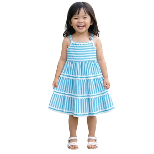 Image of The Magic Wand Kids Girls Printed Cotton Summer Dresses, Knee Length Sleeveless Casual Western Stylish One Piece Fit & Flared Frock for Beach & Vacations