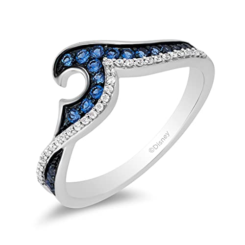 Enchanted Disney Fine Jewelry Sterling Silver 1/4 Cttw Treated Blue And Natural White Diamond Moana Wave Ring, Size 8 #TOP12