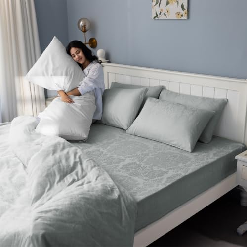 Image of Blue Dahlia 100% Cotton, Queen Size Elastic Fitted Bedsheet (60 inchx78 inch) + 2 Pillow Covers, Fits Upto 10 inch Mattress, 300TC Premium Bedsheet, Symmetrical Jacquard Pattern - Light Grey