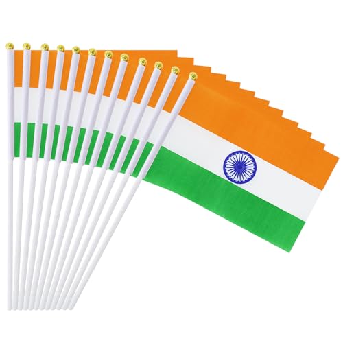 mflagperft India Flag Indian Small Stick Mini Hand Held Flags Decorations 1 Dozen (12 pack)