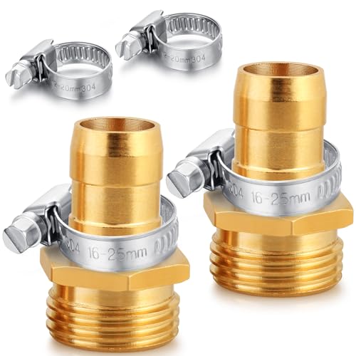 UNWAVER Male Garden Hose Repair Fittings with Clamps Fits 3/4or 5/8 Inch Brass Male Thread Hose Connector Water Hose Repair Replacement Coupling Kit for Nozzle(2Pack)