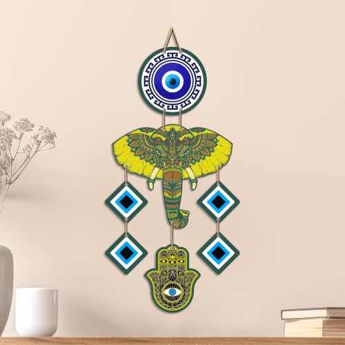 Image of Artvibes Colorful Elephant Evil Eye Wall Hanging for Home Entrance | Lucky Elephant MDF Nazar Battu Decor | Vastu Decorative Wall Art for Living Room | Bedroom | Balcony | Gift Item (WH 8550N)