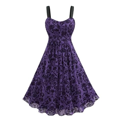ROSE GAL Rosegal Women Plus Size Gothic Flower Midi Dress Layered Ruched Mesh Backless Vintage Dress Sleeveless Flocking Goth Dress(Purple_2/4X) Cover