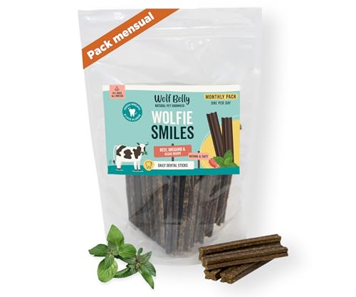 Wolf Belly - Stick Dental Perro Natural (28 uds) Chuches para Perros de 89% Ternera y Orégano sin Cereales, Higiene Dental & Aliento Fresco, Snack Delicioso Sabor a Carne, Rico en Proteínas