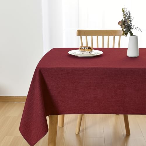 JIUZHEN Red Rectangle Tablecloth, Faux Linen, 52 x 70 Inch, Wrinkle & Spill-Resistant, Farmhouse Style, Perfect for Dining, Parties & Camping