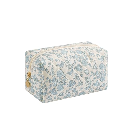 WHHJM Cute Floral Makeup Bag Small Cotton Quilted Cosmetic Bag, Aesthetic Essential Bag Toiletry Period Bag for Women Travel Accessories (Blue Floral)