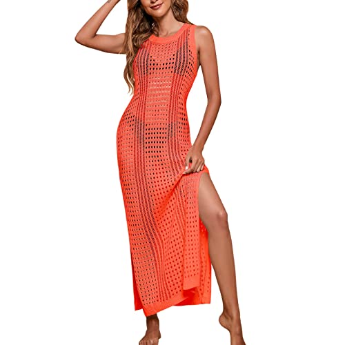 Damen Gestrickte Strandkleid Häkelkleid Lang Ärmellose Sommer Sexy Strandtunika Seitenschlitz Hohlstrick Bikini Kleid Sommer