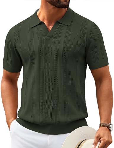 Image of COOFANDY Mens Knit Polo Shirts V Neck Textured Polo Shirts Short Sleeve Breathable Polo Casual Collared T Shirt Fashion Tops