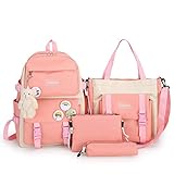 SOFEON Kawaii Backpack 4Pcs Combo Set with Cute Bear Pendant Pins Pencil Pouch Lunch Bag Shoulder Tote Bag for Women(pink)