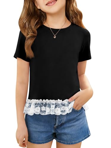 Girls Short Sleeve T Shirts Kids Cute Lace Hem Crewneck Summer Tops Tees 5-14 Years Black