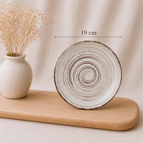 Image of The Earth Store Brown Spiral Ceramic Quarter Plate Set of 4 - 7.5 Inch Ceramic Plate | Microwave & Dishwasher Safe Ceramic Snack Plate | Small Plate for Snacks, Desserts & Appetizers