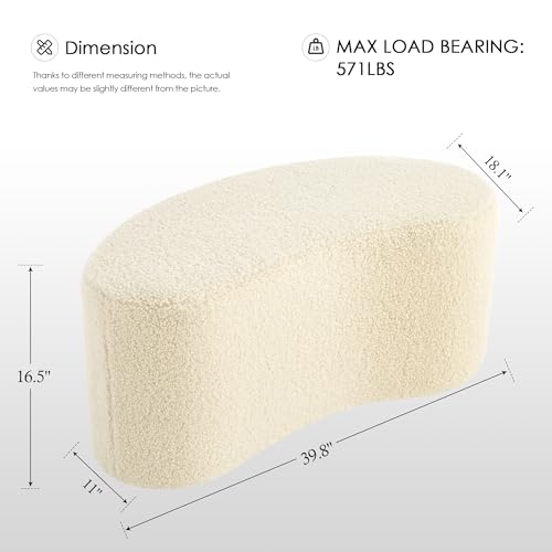 Image of Zesthouse Upholstered Ottoman Bench for Bedroom, 39.8 inch Curved Sherpa End of Bed Bench, Modern Small Bench Seat for Living Room Entryway Hall Mudroom, Soft White Fabric Coffee Table, Crescent Shape