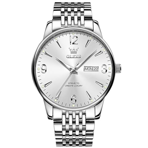 Image of OLEVS Silver Watch for Men, Classic Stainless Steel Waterproof Men's Watches, White Large Face Men's Dress Watch, Minimalism Analogue Quartz Luminous Day Date Men's Watches, 2928-white dial/silver