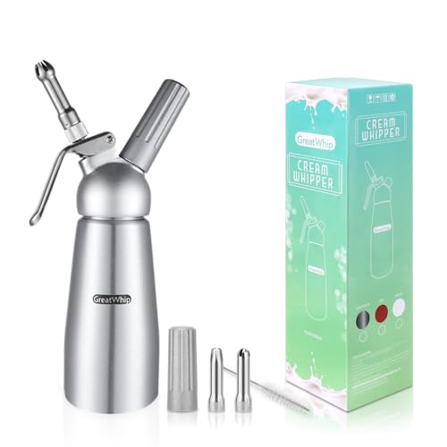 GreatWhip Aluminum Whipped Cream Dispenser Highly Durable 250ml /0.5 Pint Cream Whipper Maker with 3 Stainless Steel Decorating Nozzles & Cleaning Brush (Dispenser)
